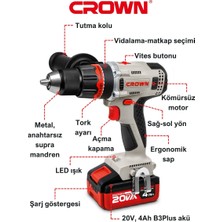 Crown Çift Vitesli Akülü Vidalama 20 V -4 Ah CT21090HMX-4 Bmc - Bakır Sargılı Kömürsüz Motorlu Çift Akülü Şarjlı Matkap