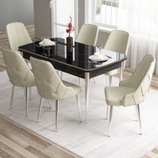 Canisa Tia Serisi, Siyah Mermer Desen 80X132 Açılabilir Mdf Mutfak Masa Takımı Takımı 6 Sandalye Gümüş Detay