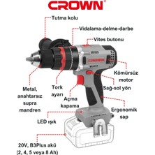 Crown Çift Vitesli Akülü Vidalama 20 V - SOLO CT21093HMX - Bakır Sargılı Kömürsüz Motorlu Şarjlı Darbeli Matkap