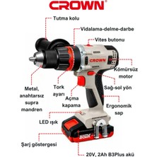 Crown Çift Vitesli Akülü Vidalama 20 V - 2 AH CT21093HMX 2 Bmc - Bakır Sargılı Kömürsüz Motorlu Çift Akülü Şarjlı Darbeli Matkap