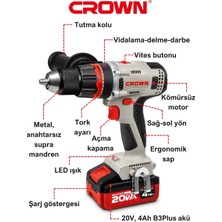 Crown Çift Vitesli Akülü Vidalama 20 V - 4 AH CT21093HMX 4 Bmc - Bakır Sargılı Kömürsüz Motorlu Çift Akülü Şarjlı Darbeli Matkap