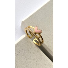 Atelier Deep Zirkon Taş Pembe Kalp Ayarlanabilir Gold Yüzük DRN20012