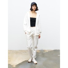 Ekru Kadın Cep Etiket Detaylı  Kapüşonlu Içi Polarlı Alt Üst Takım