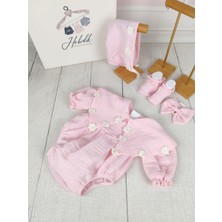 Hobidik Baby Çiçek Detaylı Yakalı Çift Kat Müslin Açık Pembe Romper Tulum Set