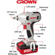 Crown Değişken Torklu Akülü Somun Sıkma Makinesi 20 V - 4 Ah CT22015HX-4 Tb - Bakır Sargılı Kömürsüz Motorlu Çift Akülü Şarjlı Darbeli