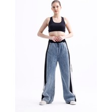 Polopass 025 Kadın Bol Paça Yan Şerit Penye Kot Denim Pantolon