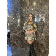 Sarı Şal Desenli Balon Kol Elbise