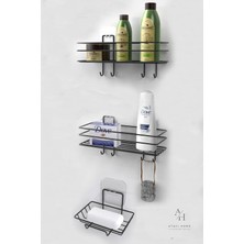 Atacı Home 3'lü Banyo Seti Yapışkanlı Paslanmaz Banyo Sabunluk Duşakabin Rafı Şampuanlık Banyo Düzenleyici Set