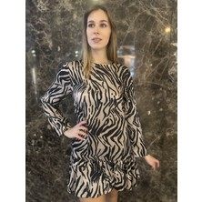 Zebra Desenli Saten Balon Kol Elbise