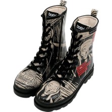 Kadın Vegan Deri Siyah Fermuarlı Uzun Bot - Edvard Munch The Scream Muse Tasarım