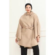 Kuşaklı Deri Detaylı Panço & Bej