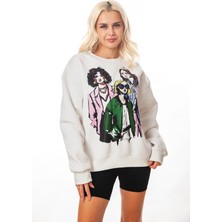 Krem-Gri Kız Baskılı Kadın Oversize 3 Iplik Şardonlu Bisiklet Yaka Sweatshirt Hoodie