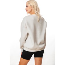 Krem-Gri Kız Baskılı Kadın Oversize 3 Iplik Şardonlu Bisiklet Yaka Sweatshirt Hoodie