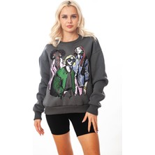 Krem-Gri Kız Baskılı Kadın Oversize 3 Iplik Şardonlu Bisiklet Yaka Sweatshirt Hoodie