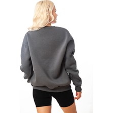 Krem-Gri Kız Baskılı Kadın Oversize 3 Iplik Şardonlu Bisiklet Yaka Sweatshirt Hoodie