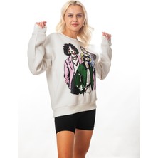 Krem-Gri Kız Baskılı Kadın Oversize 3 Iplik Şardonlu Bisiklet Yaka Sweatshirt Hoodie