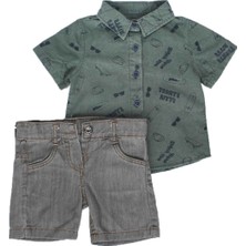 Erkek Çocuk Haki Gri Gözlük Kaykay Baskılı Gömlekli Şortlu 2'li Takım - 1014316