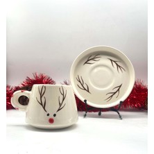 Tardan Jüliet El Yapımı Geyik Desenli Seramik  Kahve Fincanı   160 ml -  Xmas Deer  ( 1 Adet )