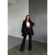 Ouz Fashion Kadın Şal Yaka Düğmeli Kruvaze Kapamalı Çizgili Ceket