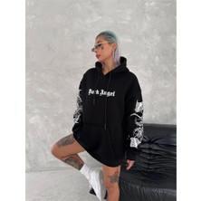 Adisia Üç Iplik Uzun Kol Kapşonlu Baskılı Sweatshirt - Siyah