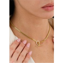 Ricco Jewellery 14 K Gold Kaplama 925 Ayar Gümüş Choker Gurmet T Kilit Zincir