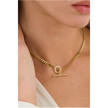 Ricco Jewellery 14 K Gold Kaplama 925 Ayar Gümüş Choker Gurmet T Kilit Zincir