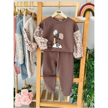 Miniğimin Cicileri Kol Peluş Leopar Detaylı Kız Çocuk Kışlık 2 li takım - Kahverengi