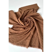 Pamuk Jakar F Desen Şal, Cotton Şal, Ipeksi Pamuklu Şal, Kaymaz Monogram Şal, Taba Rengi Şal