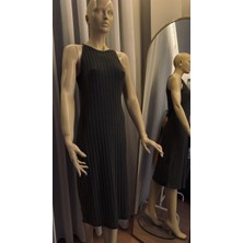 Butik Nervürlü Halter Yaka Elbise, Ilkbahar ve Yaz Için Zarif Kolsuz Elbise, Kadın Giyim