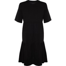 FRM Kadın Moda Şık Büyük Beden Midi Boy Bisiklet Yaka Relaxed Volanlı  Pamuk Örme Elbise