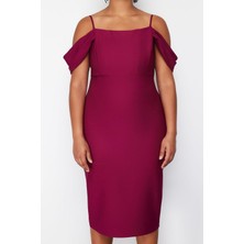 FRM Kadın Moda Şık Büyük Beden Midi Boy Carmen Yaka Fitted Düz Bodycone Dokuma Büyük Beden Elbise