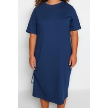 FRM Kadın Moda Şık Büyük Beden Midi Boy Bisiklet Yaka Relaxed Yandan Büzgülü ve Yırtmaçlı Örme Elbise