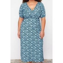 FRM Kadın Moda Şık Büyük Beden Midi Boy Kruvaze Relaxed Çiçekli Örme Elbise