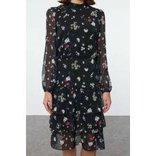 Kadın Moda Şık Midi Boy Bisiklet Yaka Regular Çiçekli Skater Fırfır Dokuma Kışlık Elbise