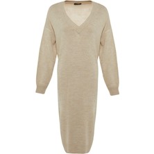 FRM Kadın Moda Şık Maxi Boy V Yaka Oversize Triko Geniş Kalıp Elbise