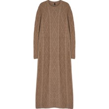 FRM Kadın Moda Şık Tesettür Maxi Boy Bisiklet Yaka Regular Saç Örgü Desenli Yumuşak Dokulu Triko Elbise