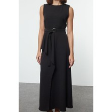 FRM Kadın Moda Şık Tesettür Uzun Bisiklet Yaka Fitted Kemerli Önü Detaylı Kolsuz Dokuma Jile Elbise