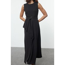 FRM Kadın Moda Şık Tesettür Uzun Bisiklet Yaka Fitted Kemerli Önü Detaylı Kolsuz Dokuma Jile Elbise
