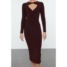 FRM Kadın Moda Şık Midi Boy Bisiklet Yaka Fitted Vücuda Oturan Cut Out Pencere Detaylı Örme Elbise