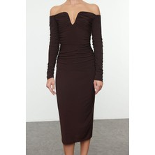 FRM Kadın Moda Şık Midi Boy Carmen Yaka Fitted Vücuda Oturan Örme Elbise