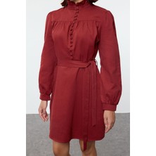 FRM Kadın Moda Şık Mini Boy Dik Yaka Regular Düz Dokuma Elbise