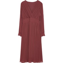 FRM Kadın Moda Şık Midi Boy Kruvaze Regular Kuşaklı Düz Dokuma Elbise