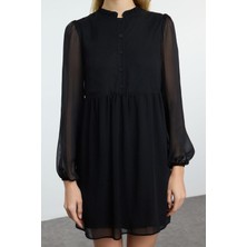 FRM Kadın Moda Şık Mini Boy Dik Yaka Regular Belden Açılan Dokuma Kışlık Elbise