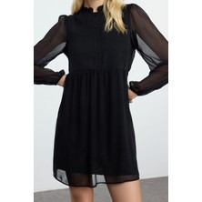 FRM Kadın Moda Şık Mini Boy Dik Yaka Regular Belden Açılan Dokuma Kışlık Elbise