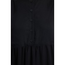 FRM Kadın Moda Şık Mini Boy Dik Yaka Regular Belden Açılan Dokuma Kışlık Elbise