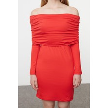 FRM Kadın Mini Boy Carmen Yaka Slim Soft Touch Yumuşak Kumaşlı Fitted Vücuda Oturan Esnek Örme Elbise