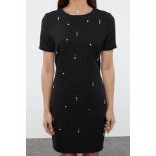 FRM Kadın Moda Şık Mini Boy Bisiklet Yaka Regular Shift Düz Kalıp Taş Işlemeli Dokuma Elbise