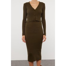 FRM Kadın Moda Şık Midi Boy V Yaka Slim Vücuda Oturan Triko Hırka Elbise Takım