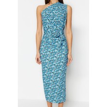 FRM Kadın Midi Boy Slim Baskılı Vücuda Oturan Tek Omuz Asimetrik Degaje Detaylı Örme Esnek Kalem Elbise