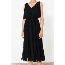 FRM Kadın Moda Şık Maxi Boy V Yaka Regular A Kesim Beli Lastikli Şifon Astarlı Dokuma Elbise